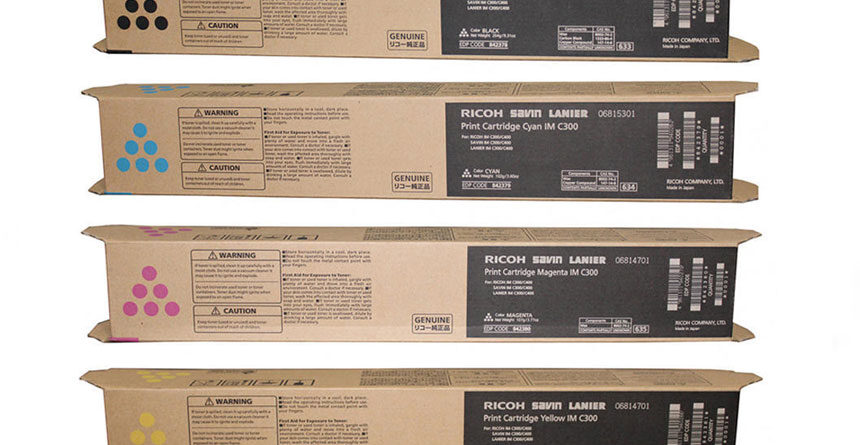 Genuine Ricoh supplies including toner cartridges and drum units for office printers