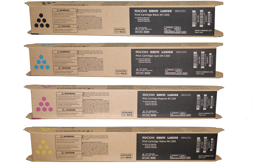 Genuine Ricoh supplies including toner cartridges and drum units for office printers