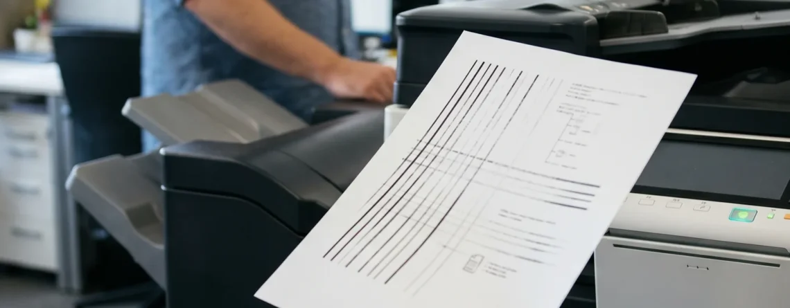 Office worker inspecting a printout with faded lines from a laser copier